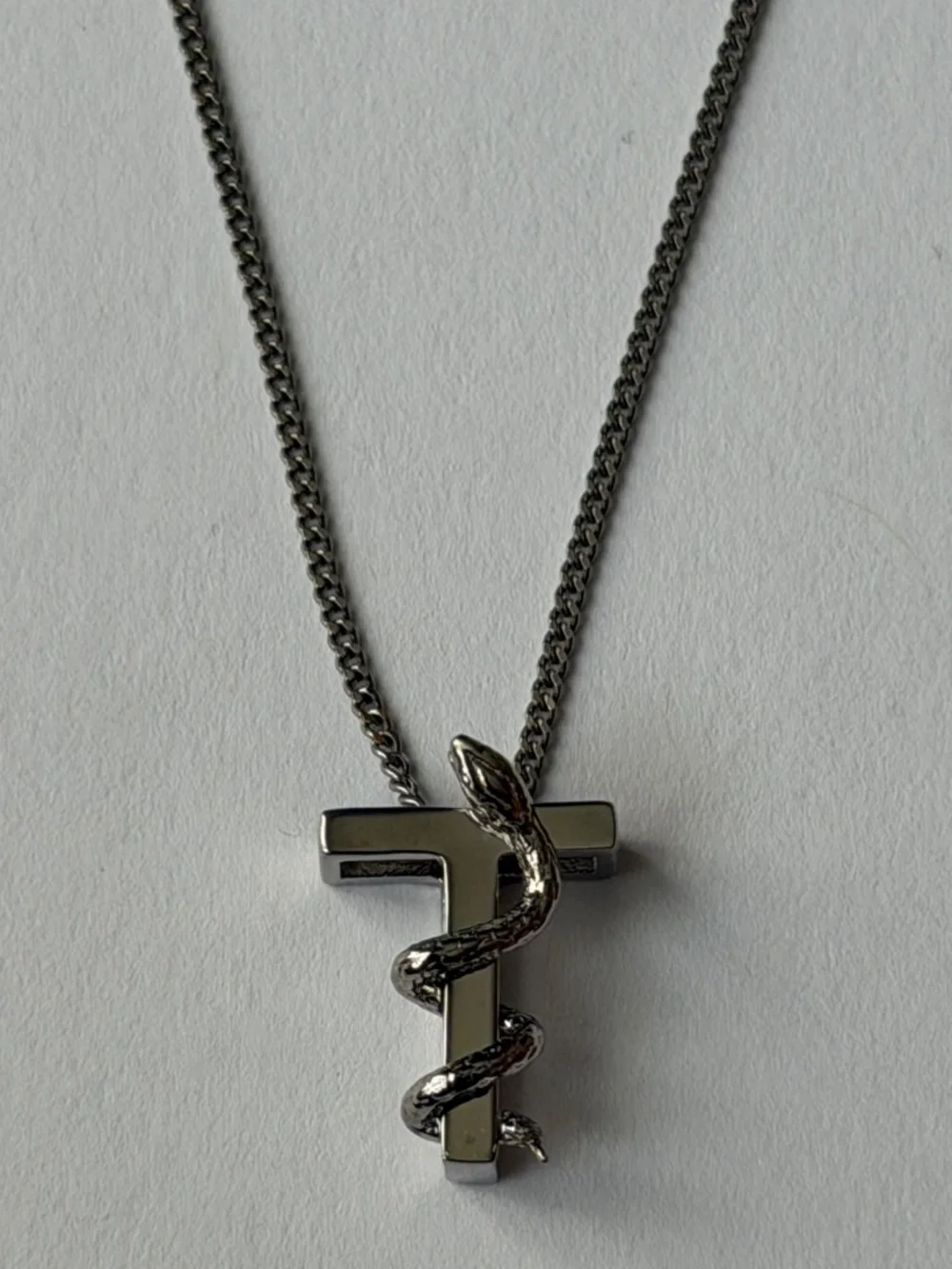 Saint Laurent YSL Sterling Silver T Initial Letter Snake Pendant Chain Necklace